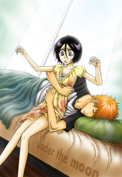 1boy 1girl bed black_hair bleach commentary_request dress dutch_angle floral_print hug hug_from_behind kuchiki_rukia kurosaki_ichigo lying official_style on_side orange_hair puffy_short_sleeves puffy_sleeves purple_eyes raglan_sleeves short_hair short_sleeves sitting sleeping suirennnn yellow_dress