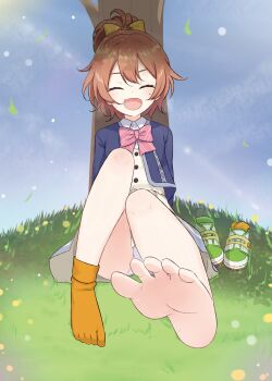 1girl absurdres barefoot brown_hair closed_eyes feet grass highres hinata_chinatsu light_blush long_hair looking_at_viewer ongeki panties pantyshot ponytail samiko shoes socks soles toes tree underwear unworn_shoes unworn_socks