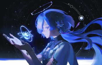 1boy black_background colored_eyelashes commentary earrings galaxy grey_hair halo highres jacket jewelry long_hair mornye_(wuthering_waves) red_eyes sberrymacchiato symbol-only_commentary triangle_earrings upper_body watermark wuthering_waves