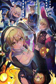 2boys 2girls aether_(genshin_impact) alternate_costume animal_ears ascot black_dress black_pants black_scarf black_veil blonde_hair blue_ascot blue_eyes breasts candy cleavage cleavage_cutout closed_eyes clothing_cutout crop_top curled_horns dainsleif_(genshin_impact) demon_tail demon_wings dress floating food genshin_impact grey_jacket halloween halloween_bucket halloween_costume hat highres holding holding_wand horns jack-o&#039;-lantern jacket levitation lollipop long_hair looking_at_viewer lumine_(genshin_impact) magic medium_breasts mini_wings muffin multiple_boys multiple_girls narahazime nun paimon_(genshin_impact) pants pumpkin scarf short_hair tail veil wand white_hair wings wizard_hat wolf_ears yellow_eyes