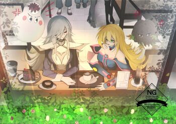 Rule 34 | 2girls, anger vein, bare shoulders, blonde hair, cake, cake slice, closed mouth, cup, dark magician girl, dress, duel monster, earrings, food, green eyes, grey hair, hair between eyes, hair over one eye, highres, jewelry, kuriboh, long hair, long sleeves, marshmallon, multiple girls, open mouth, people, plate, red eyes, silent magician, teacup, upper body, uragawai, yu-gi-oh!