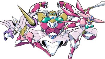 3girls armor arms_up blue_eyes boobplate breastplate commentary_request double_blade drill_hand full_body getter_kongo getter_rekka getter_robo getter_robo_daikessen! getter_shiten hand_up highres holding holding_sword holding_weapon looking_at_viewer mecha mecha_focus minemitsu multicolored_armor multiple_girls pink_armor purple_armor robot robot_girl super_robot sword weapon white_armor yellow_armor