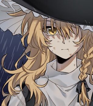 1girl black_bow black_hat black_vest blonde_hair bow braid closed_mouth commentary_request hair_bow hat highres hitte5416 kirisame_marisa long_hair looking_at_viewer rain sad side_braid single_braid solo touhou vest wet wet_hair witch_hat yellow_eyes