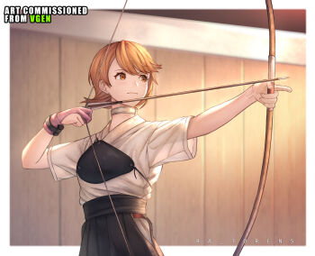Rule 34 | 1girl, absurdres, archery, archery shooting glove, arrow (projectile), black hakama, blurry, blurry background, border, bow (weapon), brown eyes, brown hair, choker, closed mouth, commentary, commission, earrings, english commentary, flipped hair, gloves, hakama, hakama skirt, highres, holding, holding arrow, holding bow (weapon), holding weapon, japanese clothes, jewelry, kyuudou, light blush, muneate, outside border, outstretched arm, partially fingerless gloves, partly fingerless gloves, persona, persona 3, pink gloves, ra torens, short hair, short sleeves, single glove, skirt, solo, stud earrings, swept bangs, takeba yukari, upper body, vgen commission, weapon, white border, white choker, yugake