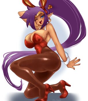 Rule 34 | 1girl, absurdres, animal ears, artist request, blue eyes, breasts, cleavage, dark-skinned female, dark skin, highres, large breasts, leotard, looking at viewer, one eye closed, open mouth, pantyhose, playboy bunny, purple hair, rabbit ears, red leotard, shantae, shantae (series), smile, solo, wrist cuffs