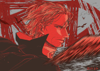 1boy beard_stubble bird closed_mouth dated facial_hair highres looking_at_viewer male_focus one_piece profile red_hair red_theme shanks_(one_piece) short_hair solo stubble tagawa_jiro wind