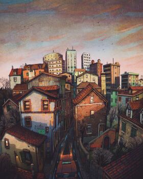 apartment backyard bird building chimney francisco_fonseca graffiti headlight_beam highres house lamppost motor_vehicle no_humans open_window original power_lines rain rooftop tree truck urban window