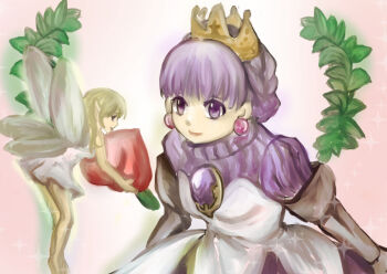 2girls amulet arlia armor armored_dress barefoot blonde_hair braid crown dress earrings fairy fairy_wings female_focus food french_braid fruit gauntlets gold_crown gradriel gradriel_de_valendia hayame_(m_ayame) jewelry mini_person minigirl multiple_girls peach pointy_ears princess_crown purple_eyes purple_hair short_hair white_dress wings