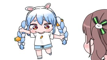 Rule 34 | 2girls, animal ear fluff, animal ears, blue hair, blue shoes, blue shorts, blush stickers, bow, braid, brown hair, carrot hair ornament, chibi, eyebrows hidden by hair, food-themed hair ornament, hair bow, hair ornament, highres, hololive, mochimiko, multicolored hair, multiple girls, natsuiro matsuri, rabbit ears, rabbit girl, rabbit tail, red eyes, shirt, shoes, short eyebrows, short sleeves, shorts, side ponytail, simple background, socks, tail, thick eyebrows, twin braids, twintails, two-tone hair, usada pekora, virtual youtuber, white background, white bow, white hair, white shirt, white socks, yurie mouth