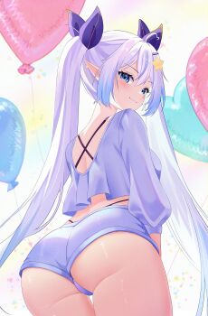 1girl artist_request ass balloon character_request closed_mouth copyright_request crop_top ear_chain from_behind hair_ornament highres linked_piercing long_hair long_sleeves looking_at_viewer median_furrow nape pale_skin piercing pointy_ears purple_shirt purple_shorts shirt short_shorts shorts simple_background smile solo standing star_(symbol) star_hair_ornament twintails underbutt white_background