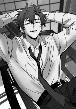 1boy antenna_hair arms_behind_head arms_up belt cheng_xiaoshi chinese_commentary collared_shirt commentary_request dsarl995595 greyscale highres long_sleeves looking_at_viewer loose_necktie lying male_focus monochrome necktie on_back open_mouth pants ponytail school_uniform shiguang_dailiren shirt short_hair short_ponytail sitting sketch smile solo