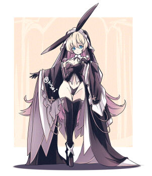 Rule 34 | 1girl, animal ears, aqua eyes, black boots, black dress, black gloves, black leotard, blonde hair, boots, breasts, cleavage, closed mouth, commentary request, dress, fake animal ears, full body, gloves, groin, hand on own chest, highleg, highleg leotard, hisui (syarute), leotard, long hair, looking at viewer, medium breasts, navel, original, rabbit ears, solo, stomach, thigh boots, tiptoes, very long hair