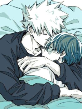 2boys bakugou_katsuki boku_no_hero_academia burn_scar closed_eyes collarbone commentary_request crew_neck cuddling dutch_angle kiss kissing_forehead long_sleeves lying male_focus multicolored_hair multiple_boys on_side scar scar_on_face shirt short_hair spiked_hair split-color_hair todoroki_shoto under_covers yaoi yuri89pu