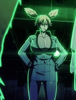 1girl 2025 20s animated animated_gif anime_screenshot bare_legs blonde_hair blush breasts buttons candy cleavage closed_mouth cropped_legs curvy eating food formal_clothes gauntlets green_light hand_on_own_hip hand_up huge_breasts jacket lollipop lollipop_in_mouth looking_at_viewer momokusa_yomogi ryona serious shiny_skin short_hair short_twintails skirt solo striped_clothes striped_jacket striped_skirt striped_suit suit tagme tougen_anki twintails underground wide_hips yellow_eyes