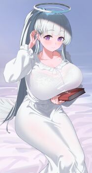 1girl absurdres blue_archive book breasts closed_mouth dress grey_hair halo highres holding holding_book huge_breasts long_dress long_hair looking_at_viewer noa_(blue_archive) on_bed ponytail purple_eyes shinroji smile solo thighs very_long_hair white_dress