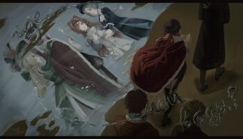 1girl 1other 2boys black_coat black_hair cape coat different_reflection facing_away from_above from_behind fur-trimmed_cape fur_trim highres holding holding_notebook hydrokinesis long_hair low_ponytail multiple_boys notebook ponytail red_cape red_hair reflection reverse:1999 russian_text sandkessho sonetto_(reverse:1999) sotheby vertin_(reverse:1999) very_long_hair walking water yenisei_(reverse:1999)