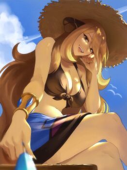 1girl absurdres bikini black_bikini blonde_hair blue_sarong bracelet breasts brown_hat cloud commentary crossed_legs cynthia_(pokemon) cynthia_(summer_2025)_(pokemon) food from_below front-tie_bikini_top front-tie_top grey_eyes hair_ornament hat highres jewelry long_hair midriff navel nintendo offering_food official_alternate_costume outdoors pokemon pokemon_masters_ex popsicle sarong sitting sky smile solo straw_hat sun_hat swimsuit tommy_(kingdukeee)