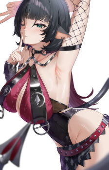 1girl absurdres animal_ears armpits black_hair black_sarong breasts commentary finger_to_mouth fishnet_sleeves fishnets green_eyes highres jane_doe_(nocturne_of_light)_(zenless_zone_zero) jane_doe_(zenless_zone_zero) large_breasts long_hair looking_at_viewer mouse_ears mouse_girl mouse_tail multicolored_hair nokyang official_alternate_costume one_eye_closed red_hair sarong shushing simple_background solo tail two-tone_hair v very_long_hair white_background zenless_zone_zero