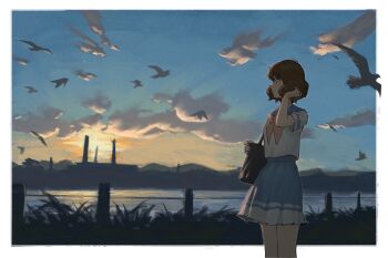 Rule 34 | 1girl, bird, blue sailor collar, blue skirt, border, brown eyes, brown hair, cloud, hand in own hair, hibike! euphonium, highres, kitauji high school uniform, neckerchief, oumae kumiko, outside border, pink neckerchief, pleated skirt, psylduck, sailor collar, school uniform, serafuku, shirt, short hair, short sleeves, skirt, solo, sunset, white border, white shirt