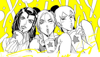 3girls braid cone_hair_bun double_bun dreadlocks drink drinking ermes_costello foo_fighters_(jojo) hair_bun halftone highres jojo_no_kimyou_na_bouken kuujou_jolyne looking_at_viewer monochrome multiple_girls nitako one_eye_closed stone_ocean yellow_background