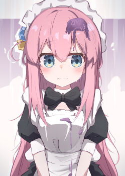 1girl alternate_costume apron black_dress blob blue_eyes blush bocchi_the_rock! closed_mouth cube_hair_ornament dirty dirty_clothes dress enmaided flying_sweatdrops frown gotoh_hitori hair_ornament highres long_hair maid maid_apron maid_headdress nalphanne nervous nervous_sweating pink_hair short_sleeves solo sweat