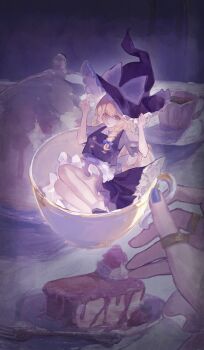 2girls absurdres alice_margatroid apron black_skirt black_vest blue_nails braid cake cake_slice commentary_request cup expressionless food frills hands_on_headwear hat highres holding holding_cup kirisame_marisa looking_at_viewer minamo_kyoka mini_person multiple_girls nail_polish parted_lips shirt short_sleeves skirt table teacup touhou vest white_shirt witch_hat yellow_eyes