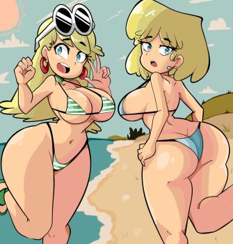2girls ass beach bikini blue_eyes breasts butt_crack curvy dimples_of_venus earrings highres huge_ass huge_breasts jewelry kemonokiller leni_loud long_hair looking_back lori_loud multiple_girls open_mouth short_hair siblings sisters sun sunglasses sunlight swimsuit the_loud_house thick_thighs thighs v