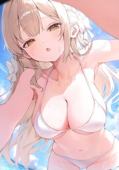 1girl bikini blonde_hair blue_archive blush bow braid breasts cleavage collarbone eungae_09 groin hair_bow hair_ribbon hashtag-only_commentary highres large_breasts lens_flare long_hair looking_at_viewer miyo_(blue_archive) navel open_mouth outdoors ribbon ribbon_braid sidelocks solo swimsuit thigh_gap underboob wading water white_bikini white_bow yellow_eyes