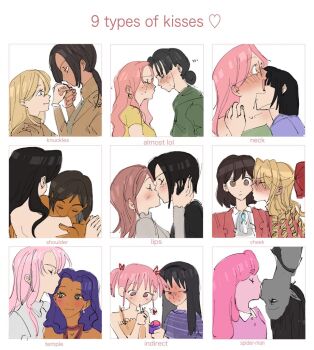 6+girls adventure_time akemi_homura alien_stage asami_sato ascot avatar_legends bare_shoulders black_hair blonde_hair blue_eyes blush bow brown_eyes brown_hair brown_jacket claire_francois closed_eyes colored_skin commentary dark-skinned_female dark_skin drill_hair earrings english_commentary english_text forehead_jewel freckles glasses green_hoodie grey_shirt grey_skin hair_bow hair_bun heart himemiya_anthy holding_hands hood hoodie imminent_kiss indirect_kiss jacket jewelry kaname_madoka kininatteru_hito_ga_otoko_ja_nakatta kiss kiss_chart kissing_cheek kissing_forehead kissing_hand kissing_neck kissing_shoulder koga_mitsuki komatsu_nana korra krista_lenz long_hair long_sleeves mahou_shoujo_madoka_magica mahou_shoujo_madoka_magica_(anime) marceline_abadeer mizi_(alien_stage) multiple_drawing_challenge multiple_girls nana_(series) nervous_sweating nude oosawa_aya osaki_nana paradis_military_uniform pink_eyes pink_hair pink_shirt pointy_ears ponytail princess_bonnibel_bubblegum purple_eyes purple_hair purple_shirt rae_taylor red_bow red_jacket shingeki_no_kyojin shirt short_hair short_sleeves shoujo_kakumei_utena simple_background smile spoken_heart sua_(alien_stage) sweat tenjou_utena the_legend_of_korra twintails upside-down_kiss vampire watashi_no_oshi_wa_akuyaku_reijou white_ascot white_background white_shirt y4ntaoist yellow_shirt ymir_(shingeki_no_kyojin) yuri