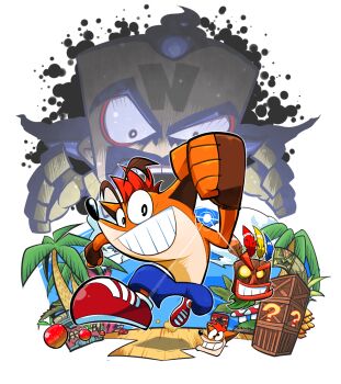 aku_aku artist_request crash_bandicoot_(series) facial_hair fingerless_gloves gloves grin highres looking_at_viewer mask mustache neo_cortex smile