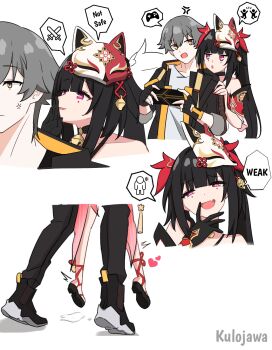 1boy 1girl :d artist_name black_gloves black_jacket black_pants bow brown_hair caelus_(honkai:_star_rail) cellphone cropped_head hanging_legs english_text fox_mask gloves grey_hair hair_bow half-closed_eyes hand_to_own_mouth head_tilt heart hetero highres holding holding_phone honkai:_star_rail honkai_(series) hood hood_down hooded_jacket implied_sex jacket kulojawa long_hair long_sleeves looking_at_viewer mask mask_on_head multiple_views open_mouth pants phone pink_eyes red_bow short_hair sidelocks single_glove smartphone smile smug sparkle_(honkai:_star_rail) suggestive_fluid trailblazer_(honkai:_star_rail) twintails whispering yellow_eyes