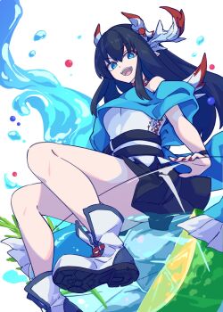 Rule 34 | 1girl, black hair, blue eyes, breasts, dragon girl, dragon horns, dragon tail, drink, food, fruit, gin tonic (p&amp;d), highres, horns, kokutei n, lime (fruit), lime slice, long hair, nail polish, open mouth, puzzle &amp; dragons, shoes, skirt, smile, solo, tail