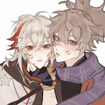 Rule 34 | 2boys, blonde hair, blue eyes, blue scarf, fingerless gloves, genshin impact, gloves, hashtag-only commentary, highres, kaedehara kazuha, kazuha's friend (genshin impact), lipstick mark, looking at viewer, multicolored hair, multiple boys, photo-referenced, red eyes, red streaks, scarf, squeezing cheeks, star (symbol), streaked hair, txasttszu, white hair, yaoi