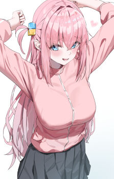 1girl absurdres artist_name blue_border blue_eyes blush bocchi_the_rock! border breasts commentary gotoh_hitori guitar hand_up highres holding holding_guitar holding_instrument hwanhee instrument jacket long_hair long_sleeves looking_at_viewer medium_breasts open_mouth outside_border pink_hair pink_jacket sidelocks signature simple_background smile solo track_jacket turtleneck turtleneck_jacket upper_body white_background