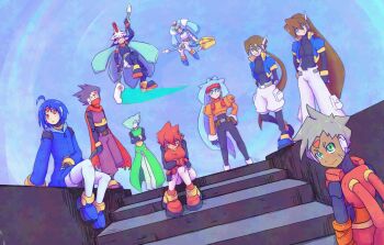 4girls 6+boys aeolus_(mega_man) aile_(mega_man_zx) armor ashe_(mega_man) atlas_(mega_man) black_bodysuit blue_hair blue_jacket bodysuit brown_hair cropped_jacket energy_blade facial_mark forehead_mark green_eyes green_hair green_shirt grey_(mega_man) grey_hair group_picture helmet high_ponytail highres holding holding_scythe jacket long_hair mega_man_(series) mega_man_zx mega_man_zx_advent model_w_(mega_man) multicolored_hair multiple_boys multiple_girls orange_hair orange_jacket pandora_(mega_man) pants ponytail prometheus_(mega_man) purple_armor purple_hair purple_pants purple_shirt red_eyes ryokuchadattayo scythe shirt short_hair shorts siarnaq_(mega_man) thetis_(mega_man) two-tone_hair vent_(mega_man) white_armor white_helmet white_pants white_shorts