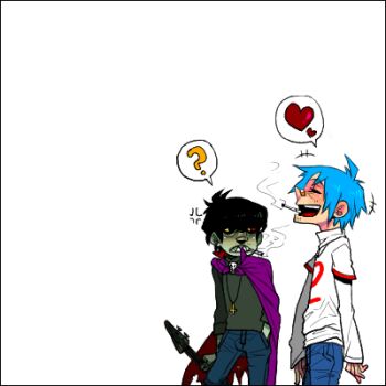 2boys 2d_(gorillaz) ? anger_vein angry cross cross_necklace gorillaz happy heart inverted_cross jewelry lowres multiple_boys murdoc_niccals necklace oekaki simple_background smile spoken_heart spoken_question_mark white_background