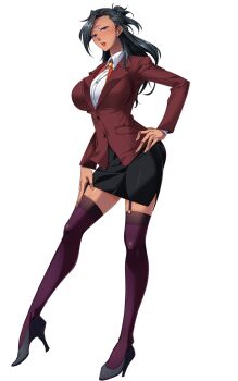 1girl black_hair black_skirt blazer blush breasts buttons collared_shirt dark-skinned_female dark_skin earrings formal_clothes full_body game_cg garter_straps genderswap genderswap_(mtf) hand_on_own_hip hand_on_own_thigh high_heels highres huge_breasts jacket jewelry large_variant_set lipstick long_hair long_sleeves looking_at_viewer makeup miniskirt nana_g non-web_source office_lady official_art open_mouth pencil_skirt purple_eyes purple_thighhighs sailor_element shirt skirt skirt_suit solo standing suit tachi-e teacher thighhighs transparent_background variant_set yoyami_rei zettai_ryouiki