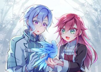 1boy 1girl bird blue_hair celis_ortesia coat commentary_request couple eiyuu_densetsu gloves green_eyes high_collar kuro_no_kiseki_(series) long_hair mullet oigetsudou_(byakuya_yuu) purple_eyes red_hair rion_balthazar simple_background white_gloves winter