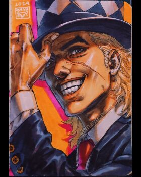 Rule 34 | 1boy, adjusting clothes, adjusting headwear, argyle clothes, argyle hat, black hat, black jacket, blonde hair, clenched hand, collared shirt, facial scar, fingernails, formal clothes, grey eyes, grin, hand on headwear, hat, hat tip, highres, jacket, jojo no kimyou na bouken, long sleeves, looking at viewer, male focus, marker (medium), maya panda, medium hair, necktie, orange background, phantom blood, portrait, red necktie, robert e. o. speedwagon, scar, scar on cheek, scar on face, shirt, signature, smile, solo, suit, teeth, thick eyebrows, top hat, traditional media, white shirt