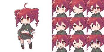 >_< +_+ 1girl :d :o :t ^_^ ahoge black_boots black_shirt black_skirt blush boots closed_eyes closed_mouth commentary_request drill_hair empty_eyes glasses green_shirt grin hair_between_eyes highres kasane_teto knee_boots kneehighs long_sleeves multiple_expressions multiple_views navel open_mouth parted_lips red-framed_eyewear red_eyes red_hair ryogo semi-rimless_eyewear shirt simple_background skirt sleeves_past_wrists smile socks turn_pale twin_drills twintails under-rim_eyewear utau white_background white_socks |_|