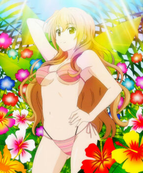 1girl arm_behind_head armpits bikini breasts brown_eyes brown_hair cleavage golden_time hand_on_own_hip highres kaga_kouko large_breasts legs long_hair looking_at_viewer model_pose navel pink_bikini side-tie_bikini_bottom smile solo stitched swimsuit thighs third-party_edit thong_bikini very_long_hair