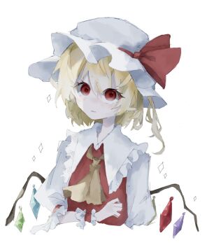1girl ascot blonde_hair bow commentary crystal_wings expressionless flandre_scarlet frilled_wrist_cuffs frills hat hat_bow looking_at_viewer mob_cap mumi63_0o red_bow red_eyes short_hair simple_background solo touhou white_background white_hat wings wrist_cuffs yellow_ascot