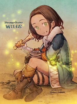 1girl :t bone boots brown_boots brown_hair commentary_request copyright_name dated eating fireflies food food_on_face forehead fur_trim gloves green_eyes highres holding holding_bone kiitos monster_hunter_(character) monster_hunter_(series) monster_hunter_wilds on_ground parted_hair signature sitting slinger_(monster_hunter) solo thigh_strap