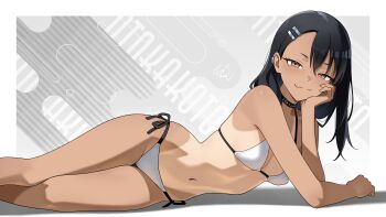 1girl absurdres bikini black_hair breasts brown_eyes commentary doyagao elbow_rest english_commentary hair_ornament hairclip hand_on_own_cheek hand_on_own_face head_rest highres ijiranaide_nagatoro-san long_hair looking_at_viewer lying nagatoro_hayase navel on_side otokakoto side-tie_bikini_bottom simple_background small_breasts smug solo swimsuit tan tanline white_bikini