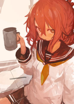 1girl black_sailor_collar black_skirt book brown_eyes brown_hair closed_mouth commentary_request cup folded_ponytail hair_between_eyes highres holding holding_cup inazuma_(kancolle) kaamin_(mariarose753) kantai_collection looking_at_viewer mug neckerchief orange_neckerchief pleated_skirt sailor_collar school_uniform serafuku skirt solo