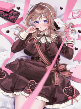 Rule 34 | 1girl, blue eyes, blurry, blurry foreground, blush, brown dress, brown hair, brown jacket, brown ribbon, chocolate, commentary request, cropped jacket, depth of field, dress, envelope, food, gakuen idolmaster, happy mille-feuille (idolmaster), heart, highres, himesaki rinami, holding, holding chocolate, holding envelope, holding food, idolmaster, jacket, long hair, looking at another, looking at viewer, lying, neck ribbon, official alternate costume, on back, patterned clothing, pink ribbon, qr code, ribbon, solo, thighs, unmoving pattern, valentine, yuuyu (moco20111115)