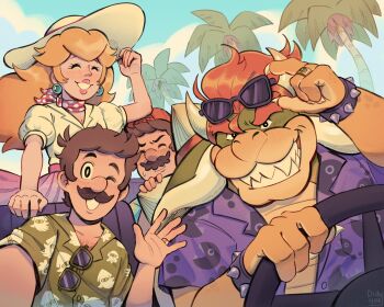 1girl 3boys absurdres alternate_costume arm_up blonde_hair blue_eyes bowser bracelet brown_hair closed_eyes commentary day didy414 earrings english_commentary facial_hair green_shirt grin hat highres horns jewelry long_hair long_skirt looking_at_viewer luigi mario mario_(series) mario_kart mario_kart_world multiple_boys mustache neckerchief nintendo official_alternate_costume outdoors palm_tree pink_lips pink_neckerchief pink_skirt polka_dot_neckerchief princess_peach princess_peach_(vacation) print_shirt puffy_short_sleeves puffy_sleeves purple_shirt red_hair ring sharp_teeth shirt short_hair short_sleeves skirt smile solo sphere_earrings spiked_bracelet spikes steering_wheel sun_hat sunglasses teeth tree white_hat white_shirt