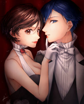 Rule 34 | 1boy, 1girl, absurdres, after0217, bare shoulders, black dress, black vest, blue eyes, blue hair, bow, breasts, brown eyes, brown hair, cleavage, collarbone, commentary request, detached sleeves, dress, gloves, hair between eyes, hand on another's shoulder, highres, kaito (vocaloid), large breasts, long sleeves, looking at viewer, meiko (vocaloid), miku symphony (vocaloid), official alternate costume, official alternate hairstyle, parted lips, red lips, smile, upper body, vest, vocaloid, white bow, white gloves, white sleeves