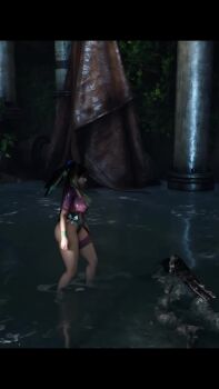 1girl 3d absurdres animated ass backless_swimsuit breasts green_one-piece_swimsuit highres huge_ass jewelry marvel marvel_rivals medium_breasts multicolored_hair multiple_girls one-piece_swimsuit pink_hair ponytail psylocke psylocke_(breezy_butterfly) purple_hair ryona sideboob stellar_blade swimsuit sword sword_on_back tagme video walking weapon weapon_on_back x-men