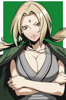 1girl arms_under_breasts blonde_hair breasts cleavage collarbone jewelry large_breasts looking_at_viewer nail_polish naruto_(series) necklace solo tsunade_(naruto) twintails windriftdraws